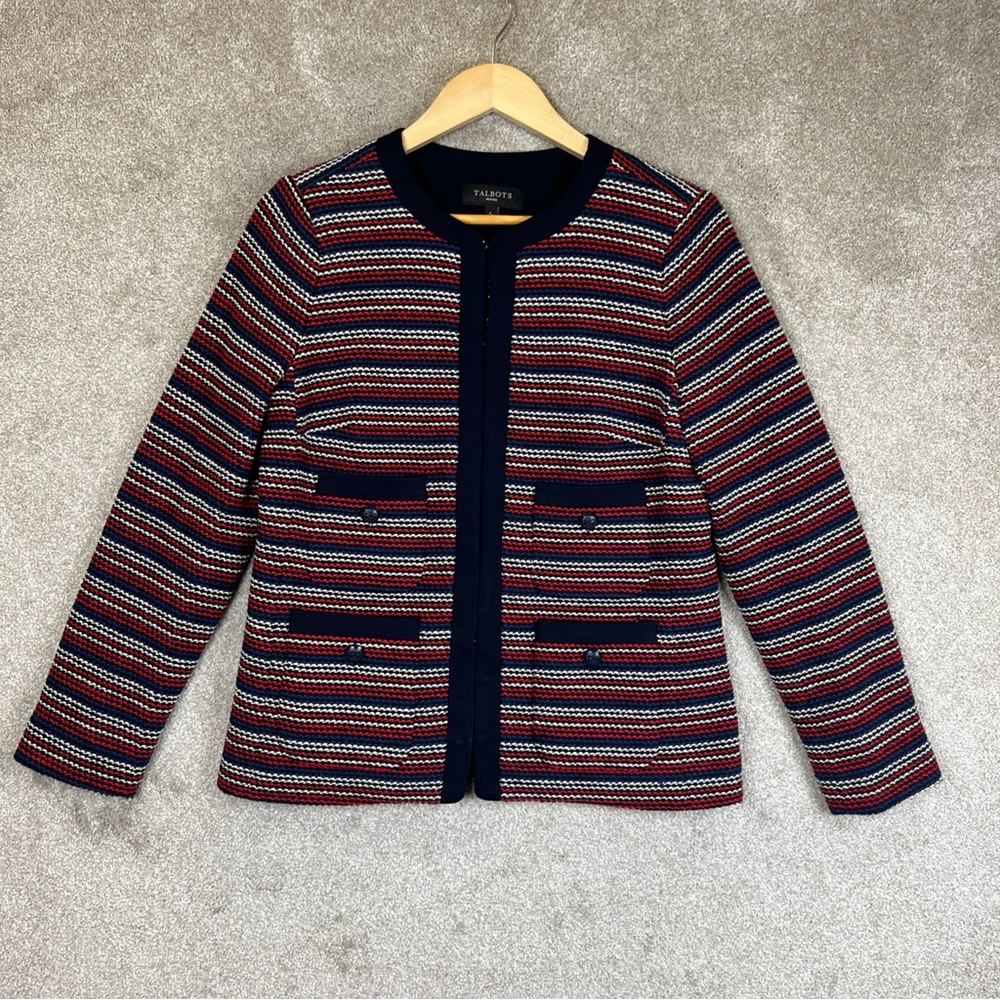 Talbots Jacket Womens Small Petite Blue Red Stripe Cotton Blend Blazer- 1820*